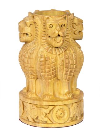 Wooden Hand Carved Ashoka Pen Stand Pencil Holder.