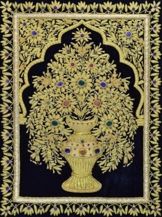 TREE OF LIFE BLACK GOLD ZARDOZI HANDMADE JEWEL TAPESTRY WALL HANGING .