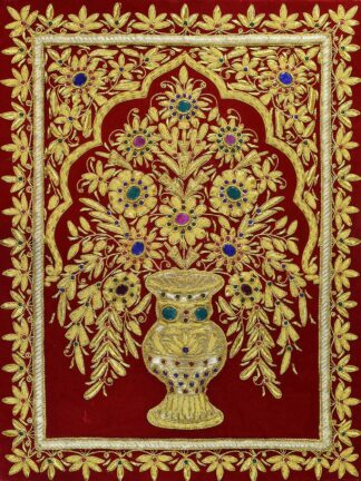 TREE OF LIFE MAROON GOLD ZARDOZI HANDMADE JEWEL TAPESTRY WALL HANGING .