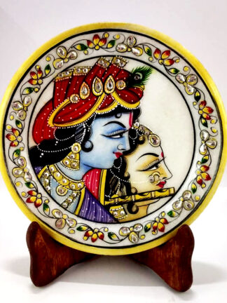 Multi color Decorative Marble Table Top  Plate Radha Krishna with stand