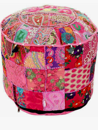 Round Patchwork Embroidered Pinkish  Indian Pouf cover