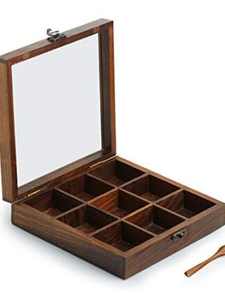 Sheesham Wood Square Spice Box With Spoon (9 Compartments)