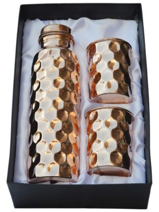 Hammered Copper 1000 ML Water Bottle with 2 Glass Set