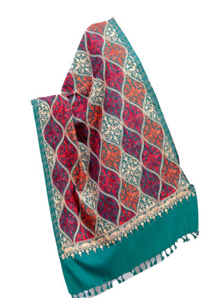 Beautiful colorful Women Aari Zaal Full Work Embroided Woolen Kashmiri Stole-Green