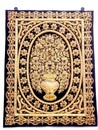 BLACK GOLD ZARDOZI HANDMADE JEWEL TAPESTRY WALL HANGING .