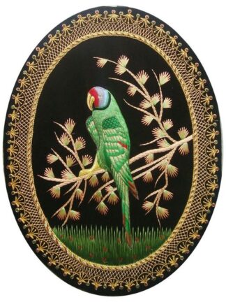 Parrot Design Oval Shaped Zardozi Wall  Hanging  with Precious Stones and Golden Thread