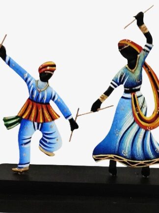 Metal  Sheet Dancing Dandia Couple with Wooden Base Showpiece