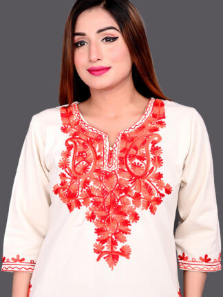 Women Embroidered Woolen Straight Kurta  (White, Red )