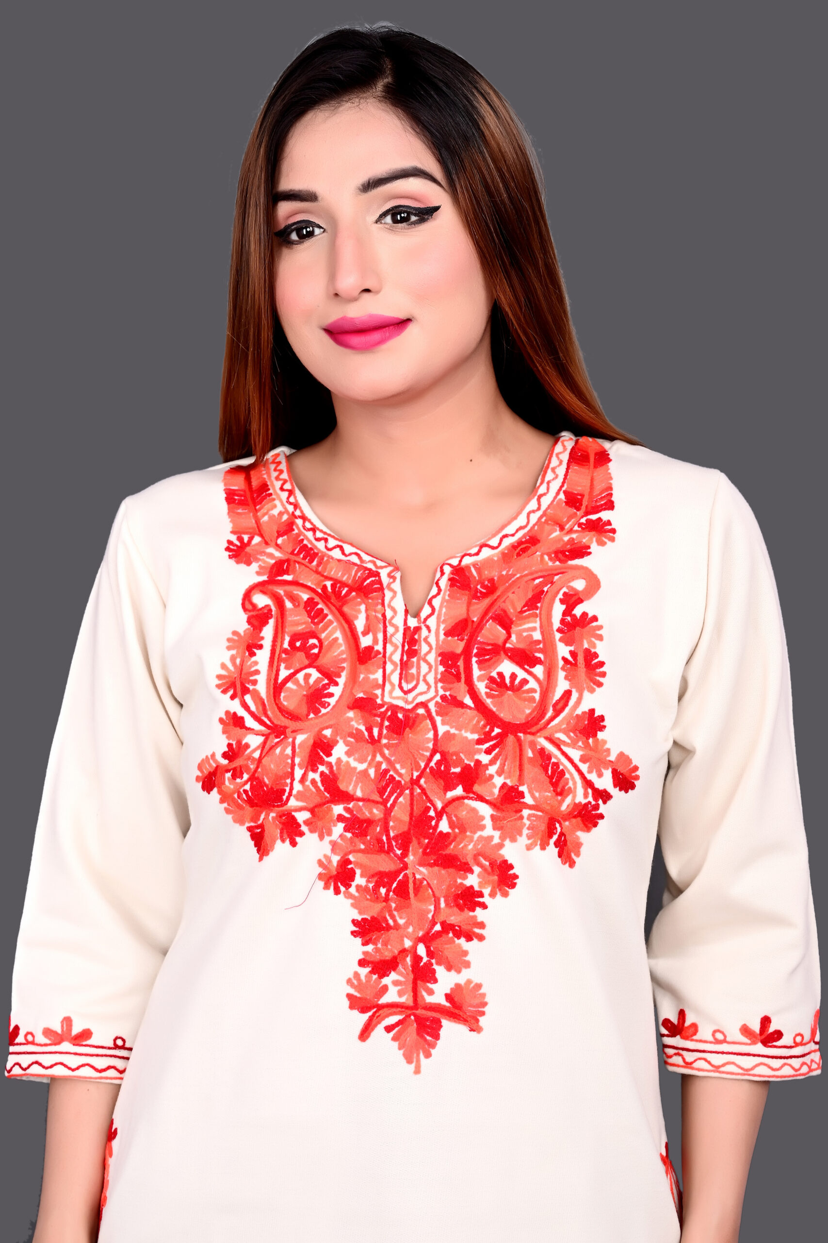 Stylish Olive Green Over White Embroidered Design Woolen Kurti for Women