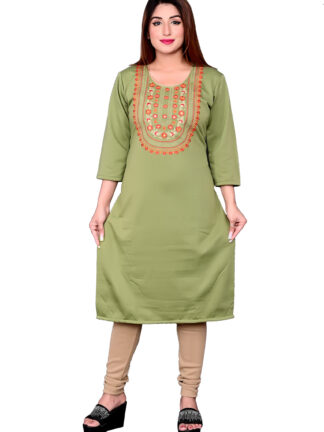 Women Embroidered Woolen Haar Neck  Kurti  (Light Green)
