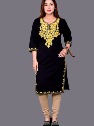Kashmiri Embroidered Woolen Straight Kurta  (Black, Yellow)