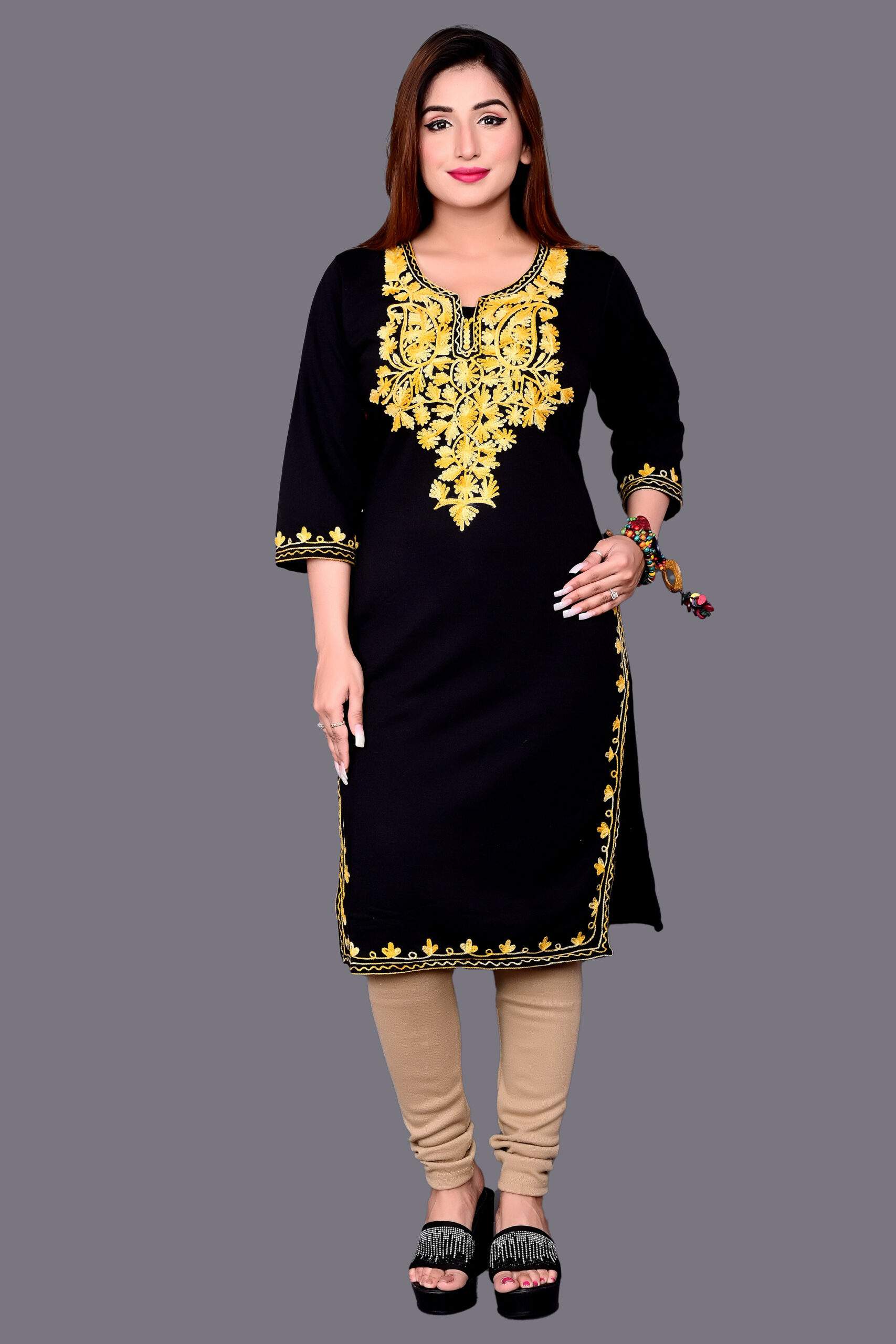 Charcoal Black Color Kashmiri Woven Sherwani Kurti With Paisleys