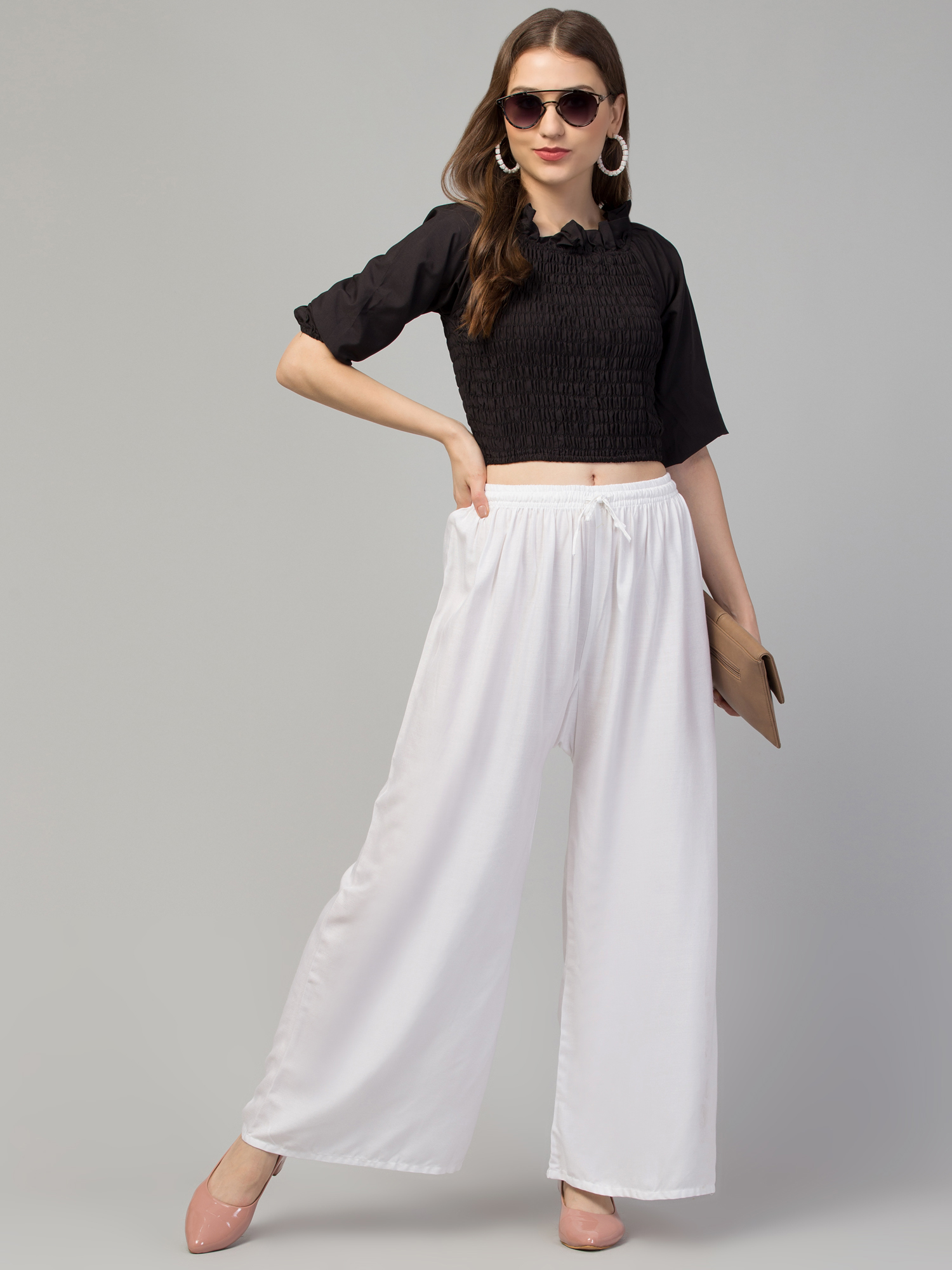 Stlye Me Hip: White Palazzo Pant with Black Long Sleeve Blouse | Spring  Street Outfits | Style, Fashion, Trendy fashion