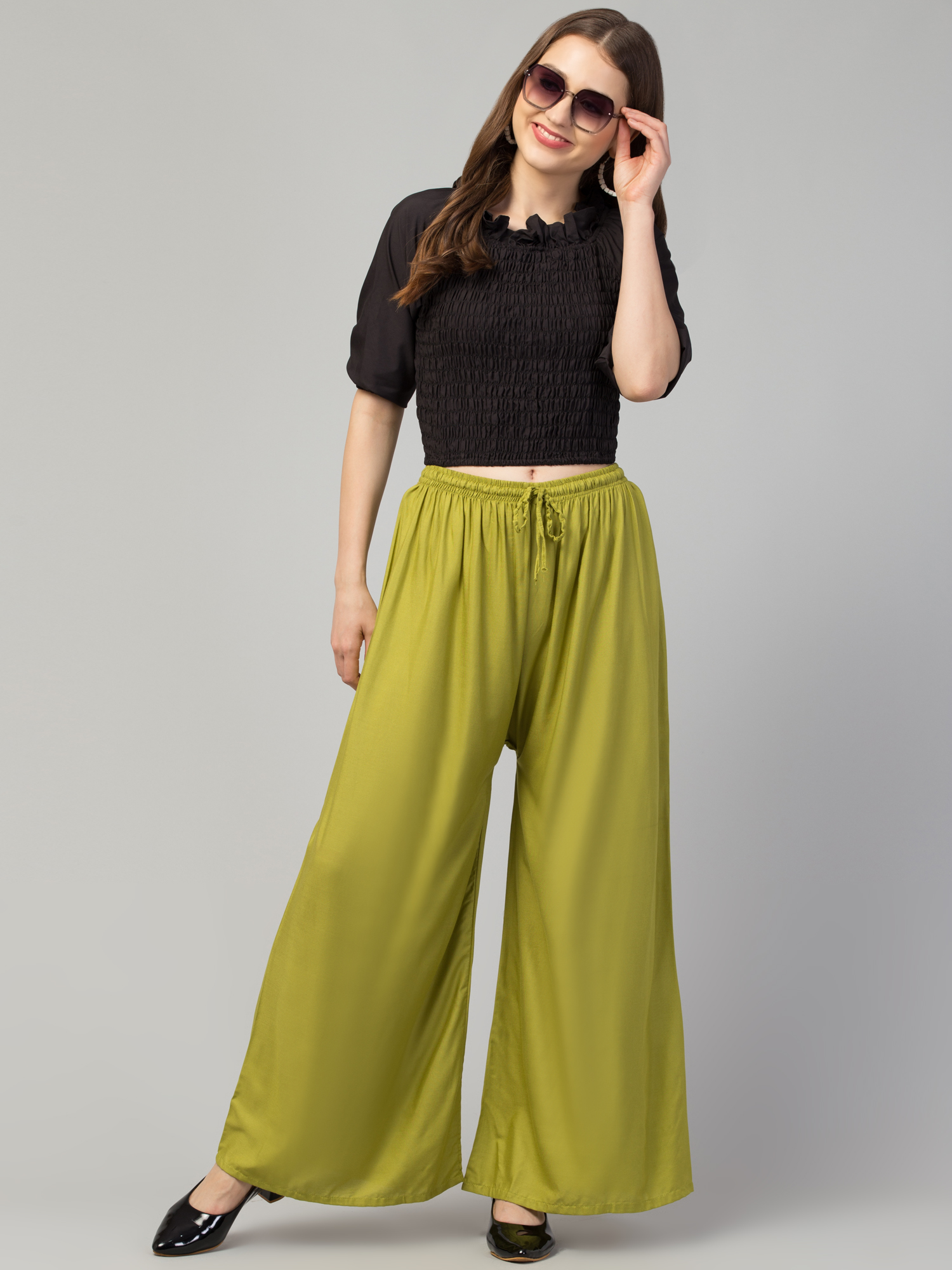 Chic Traditional Outfit Featuring Palazzo Pants and Sequined Blouse