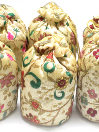 Ethnic Floral Embroidery Potli Bag ,Beige Size 16 X 10 CM- 6 Pcs Set