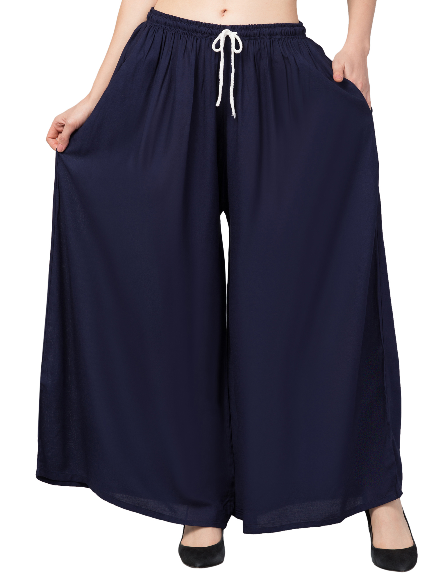 Wide Leg Pants for Women High Waisted Belted Palazzo Pants Solid Casual  Baggy Flowy Lounge Trousers with Pockets Dark Blue - Walmart.com