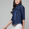 ACEOLA Stylish Regular Fit Blue Solid Denim 3/4 Sleeve Shirt - Image 3