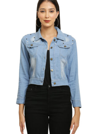 Women's Light Blue Washed Full Sleeves Buttoned Denim Jacket Crafted with Pearls