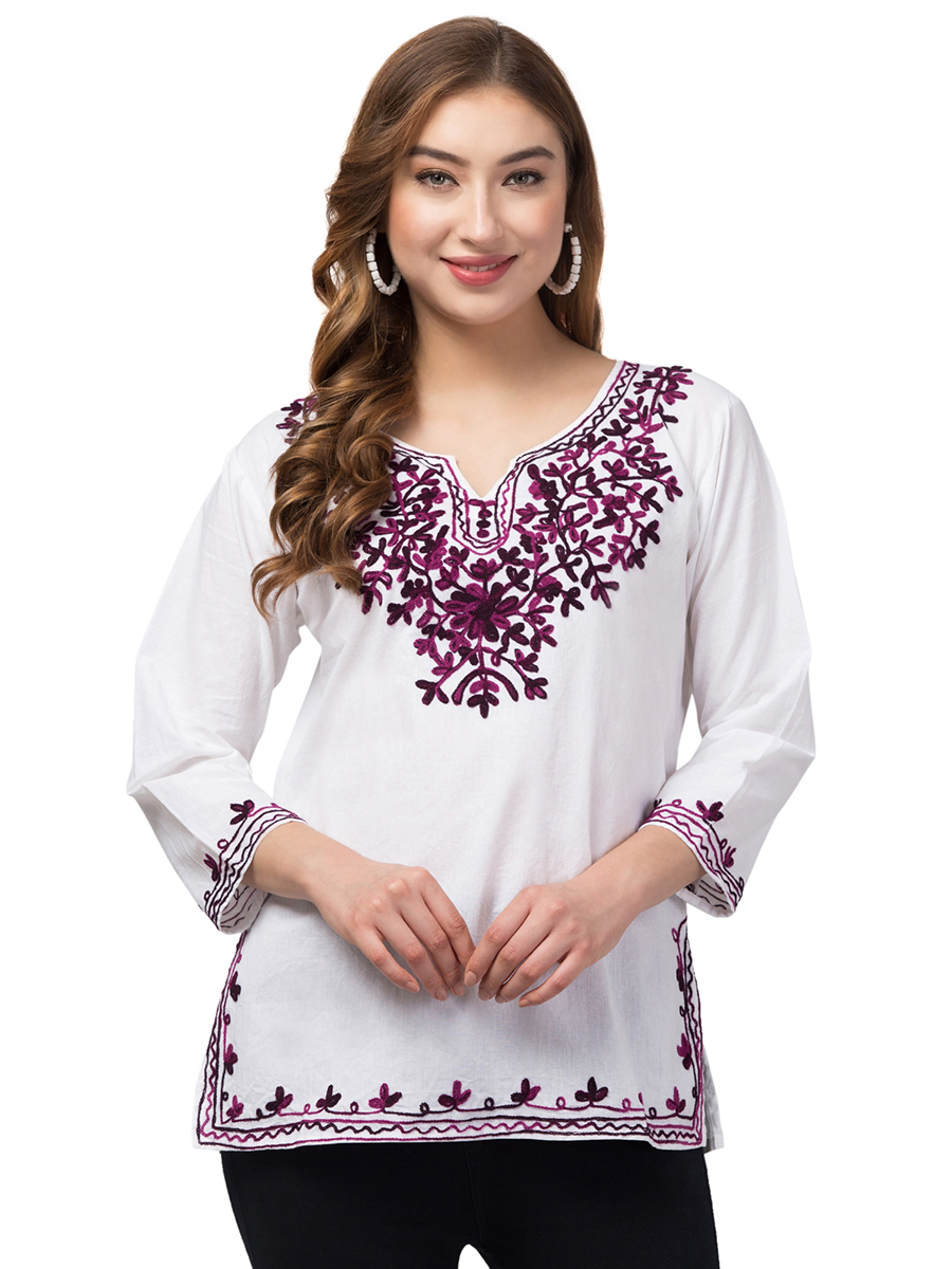 Embroidered Round Neck Flared Short Kurti Top, Western Wear, Tops Free  Delivery India.