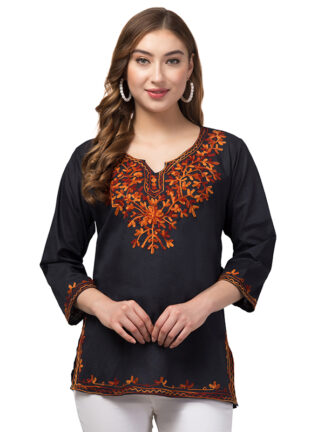 Women Black Cotton Kashmiri Brownish Embroidered Relaxed Short Kurti