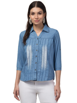 ACEOLA Stylish Regular Fit Light Blue Solid Denim 3/4 Sleeve Shirt