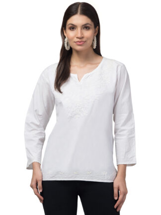 Aceola Women White on White Kashmiri Embroidered Relaxed Short Cotton Kurti