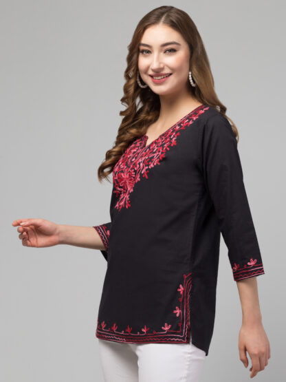 Women's Black Short Cotton Kurti with Pink Embroidery ( Kashmiri Aari Work) - Image 2