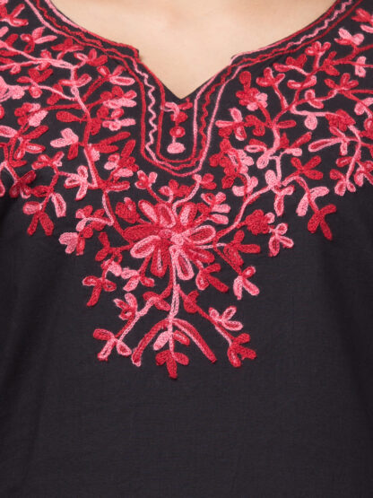 Women's Black Short Cotton Kurti with Pink Embroidery ( Kashmiri Aari Work) - Image 5